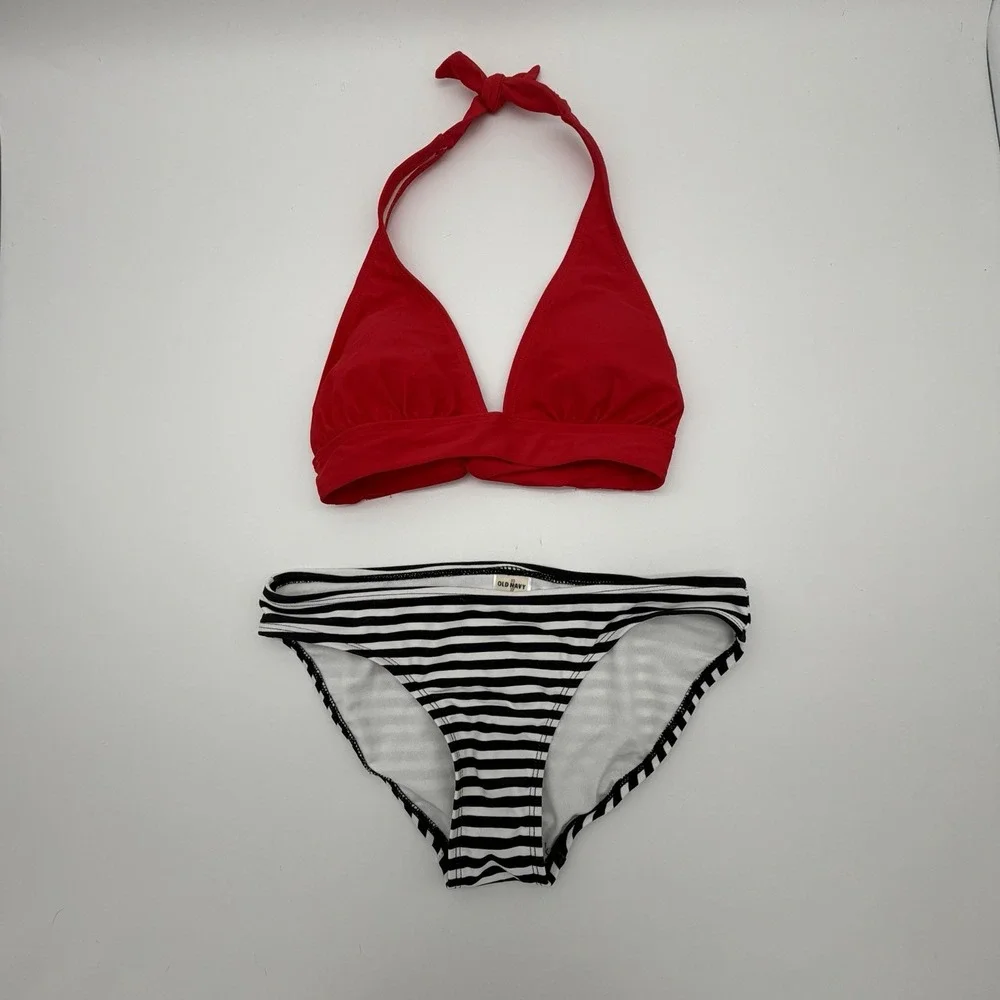 Red Halter Top,‎ Black Stripe Bottom Swimsuit-XS-Beach-Pool-Resort-Retro-NWOT
